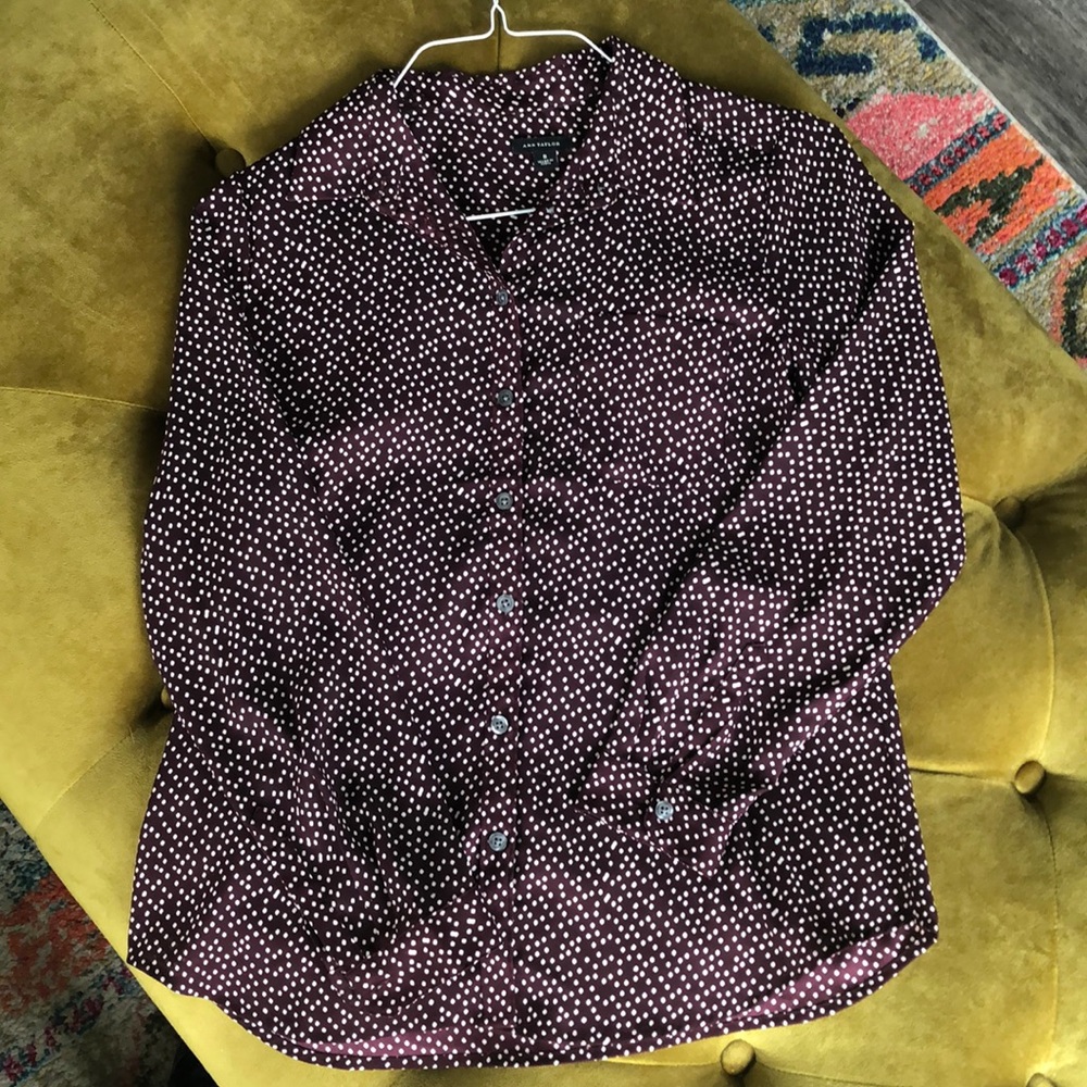 Ann Taylor maroon spotted button up blouse